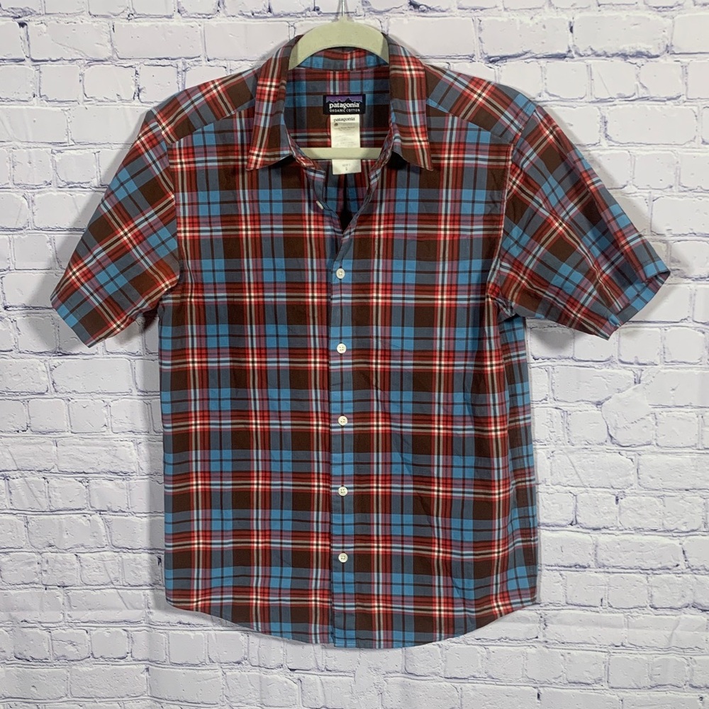 Patagonia Mens Short Sleeve Plaid Button Down Red Blue Size S Organic Cotton
